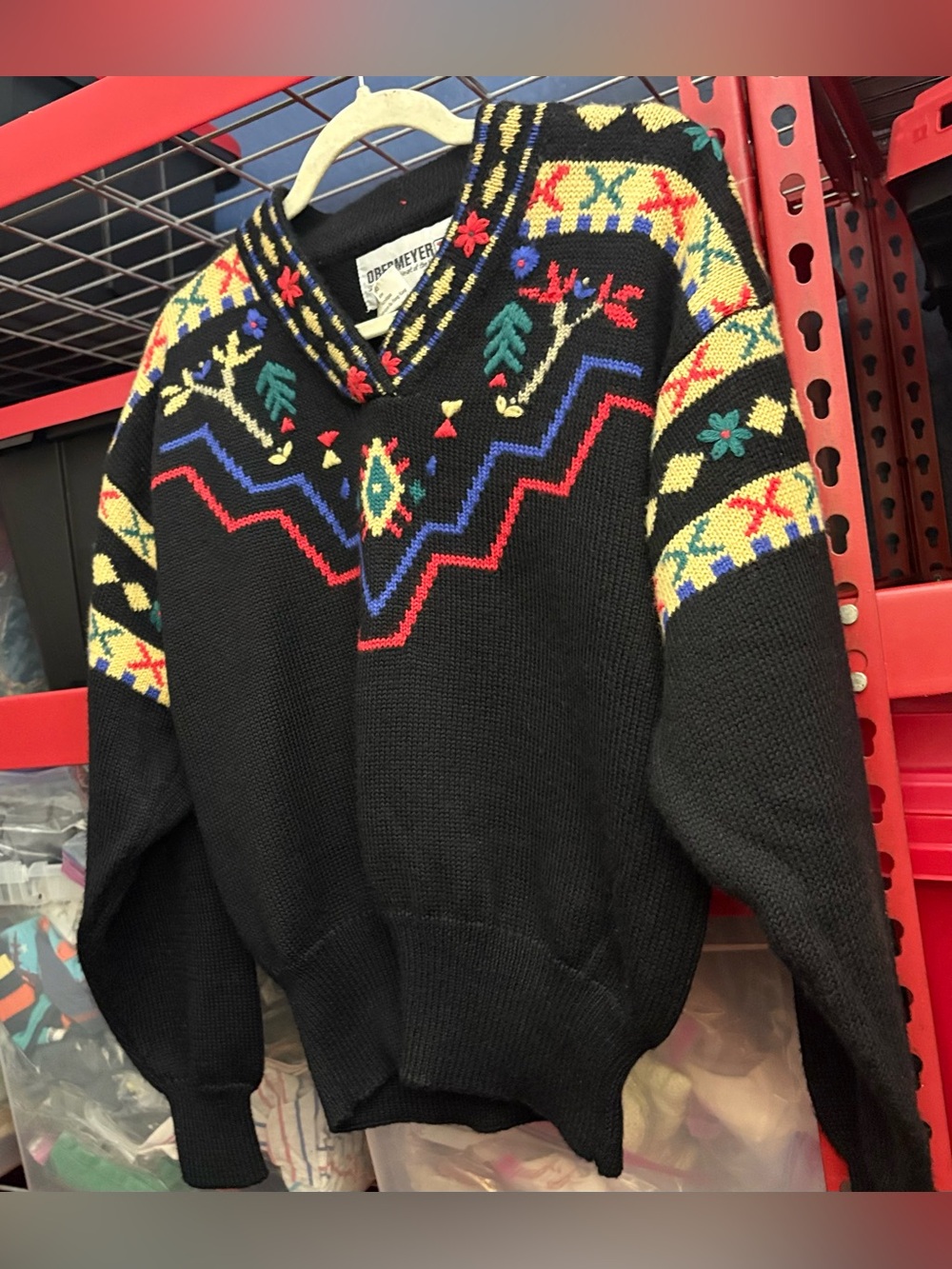 Vintage Obermyer Black V-Neck Sweater with Multicolor Folk Motif - Picture 2 of 6